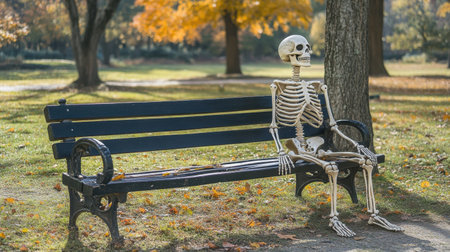 A life-size skeleton sits quietly on a park bench, surrounded by vibrant autumn leaves. This whimsical scene captures a blend of humor and tranquility in nature.の素材