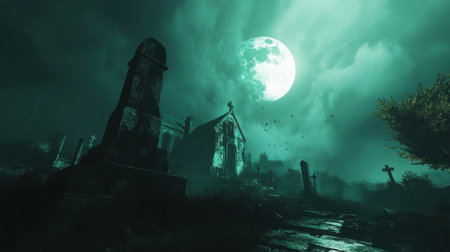 A chilling graveyard scene illuminated by a large, full moon surrounded by mist and shadows. Tombstones create an eerie atmosphere, perfect for Halloween or horror themes.の素材