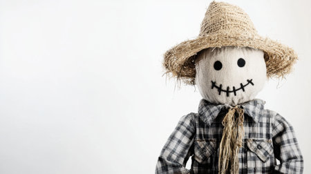 This image features a cheerful scarecrow with a straw hat, wearing a checkered shirt. It embodies autumn spirit and rural charm, perfect for various designs.の素材