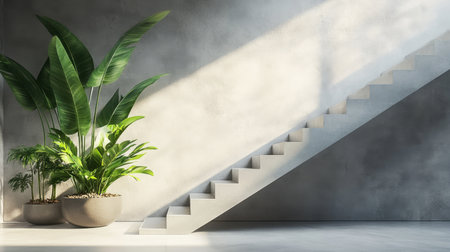 A serene modern interior showcasing a concrete staircase complemented by vibrant green plants, creating an inviting and tranquil atmosphere filled with natural light.の素材