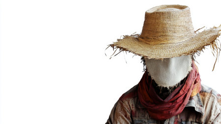 This image features a unique scarecrow with a straw hat and a faceless head, perfect for representing rural life, gardening, and seasonal themes in an artsy manner.の素材
