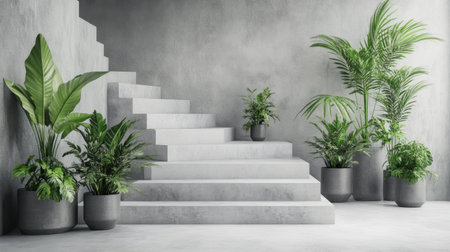 A stylish minimalist interior featuring modern stairs surrounded by lush green plants in elegant pots. This serene setting highlights a fresh and calming atmosphere.の素材
