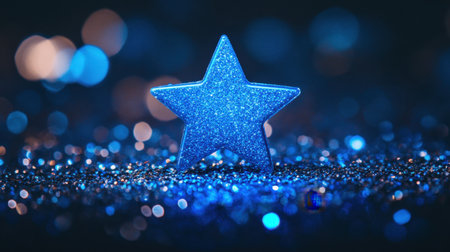 A captivating blue star sparkles against a shimmering backdrop, creating a magical atmosphere. Perfect for themes of celebration, creativity, and decoration.の素材