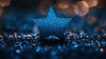 A stunning blue star decoration sparkles against a glittering background, creating an enchanting atmosphere. Ideal for festive themes and creative projects.の素材
