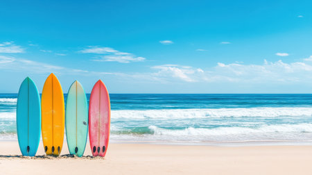 Four vibrant surfboards stand against a beautiful beach backdrop, with gentle ocean waves lapping at the shore under a bright blue sky. Perfect for summer themes.の素材