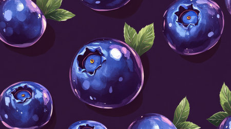 A mesmerizing illustration featuring vibrant blueberries with rich colors and green leaves on a dark background, perfect for food and nature themes.の素材