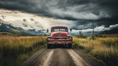 A vintage red truck sits prominently on a gravel road, framed by dramatic storm clouds. The surrounding landscape showcases the beauty of rural life, evoking nostalgia.の素材