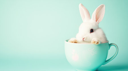 A charming white bunny sits comfortably in a mint green cup, accentuating its soft fur against a serene pastel background. Perfect for spring-themed visuals.の素材