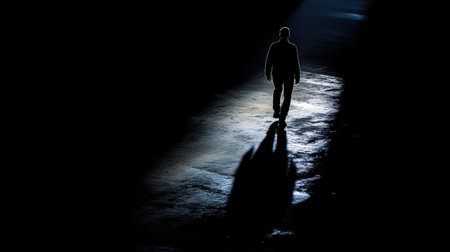 A solitary figure walks through a dimly lit space, casting a long shadow on the reflective surface. The dramatic lighting creates a mysterious atmosphere, evoking feelings of solitude and exploration.の素材