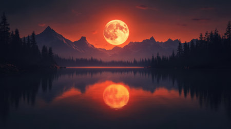 A breathtaking night scene features a bright full moon illuminating a serene lake surrounded by majestic mountains and silhouetted trees, evoking tranquility.の素材