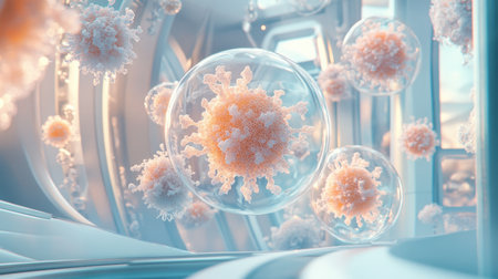 This artistic representation showcases viruses and cells in a modern setting. The image illustrates microbiological themes, highlighting the intricate beauty of organisms in a futuristic environment.の素材