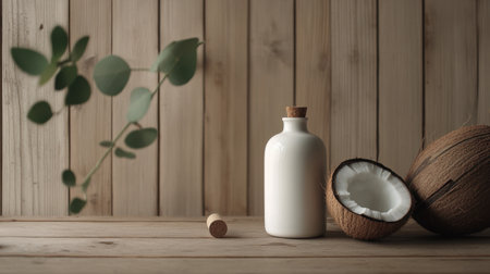 A stylish display featuring a white bottle, coconut shells, and green foliage on a wooden table, evoking a serene and natural ambiance for home decor.の素材