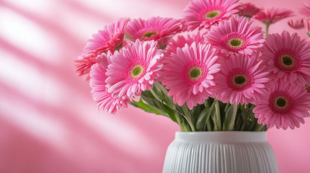 A beautiful arrangement of bright pink gerbera daisies in a white vase, set against a soft pink background, evokes feelings of freshness and joy.の素材