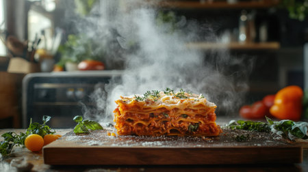 A mouthwatering homemade lasagna sits on a wooden board, releasing steam. This dish is crafted with fresh ingredients, showcasing vibrant colors and inviting aromas.の素材
