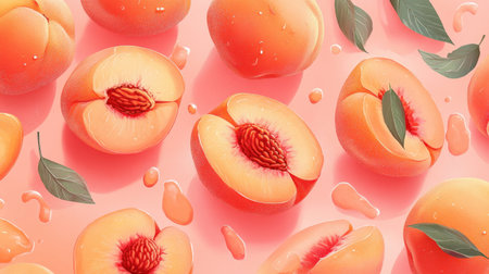 A vibrant arrangement of juicy peaches and slices on a pink background, highlighting their natural beauty and freshness. Perfect for summer recipes.の素材
