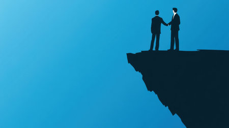 Two businessmen shake hands on the edge of a cliff, symbolizing partnership and trust. The stark silhouettes against a vast blue sky convey themes of ambition and cooperation.の素材