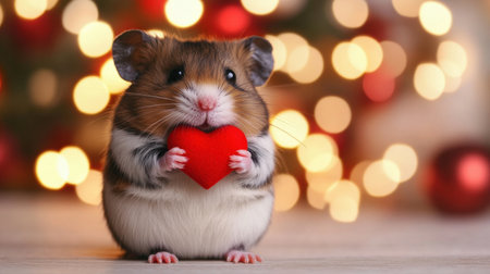 A fluffy hamster holds a small red heart, embodying love and affection against a backdrop of twinkling Christmas lights. Perfect for holiday themes!の素材