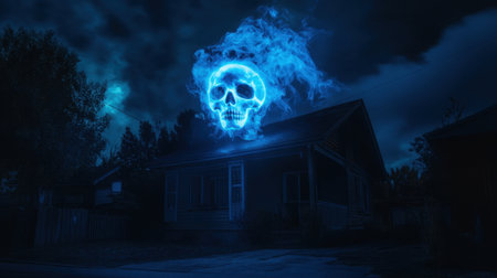 A haunting scene featuring a house illuminated by a glowing blue skull in the night sky. The eerie atmosphere is enhanced by swirling smoke and dark clouds, creating a chilling effect.の素材