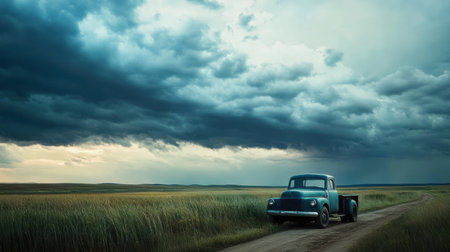A vintage blue truck parked on a dirt road amidst a sprawling field. Dark clouds loom overhead, creating a dramatic and serene rural landscape perfect for exploration.の素材