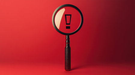 A striking visual of a magnifying glass featuring an exclamation mark. The vibrant red background enhances the focus on alertness and caution in communication and design.の素材