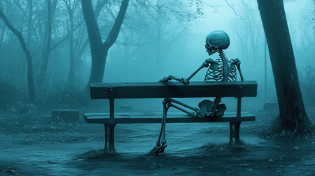 A solitary skeleton sits on a bench in a foggy park, surrounded by barren trees. The eerie atmosphere evokes feelings of loneliness and decay, creating a haunting scene.の素材
