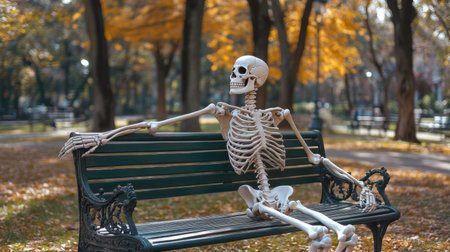 A whimsical skeleton seated comfortably on a park bench amidst colorful autumn leaves, capturing a humorous and lighthearted moment in nature.の素材