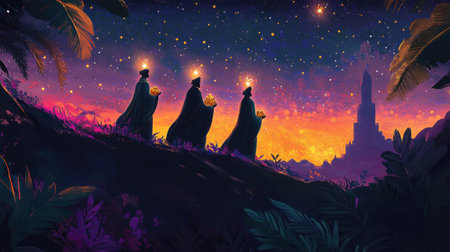 A captivating scene of figures walking at dusk, illuminated by soft lights against a starry sky, evoking a sense of magic, wonder, and tranquility in nature.の素材