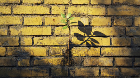 A solitary green plant emerges from a textured yellow brick wall, symbolizing resilience and hope. Soft shadows enhance the beauty of nature against urban elements.の素材