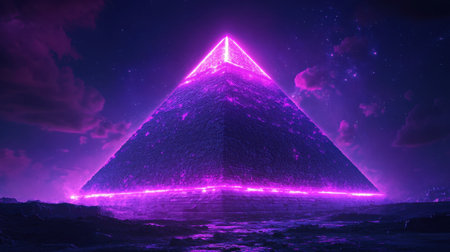 A stunning, glowing purple pyramid stands majestically amidst a mystical cosmic landscape, illuminated by neon light, creating a surreal and captivating atmosphere.の素材