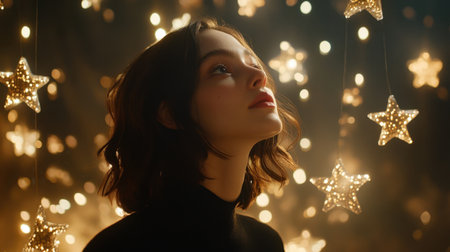 A captivating portrait of a young woman gazing at shimmering stars, surrounded by a dreamy ambiance. The warm lighting enhances the sense of wonder and elegance.の素材