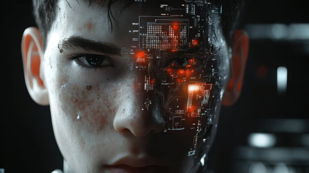A striking portrait of a futuristic human with a cybernetic face. The image showcases intricate technological details merged with human features, evoking a blend of emotion and innovation.の素材