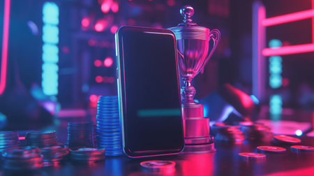 A sleek smartphone stands beside a shiny trophy and stacks of coins, set in a vibrant gaming environment. This image captures the essence of competition and success.の素材
