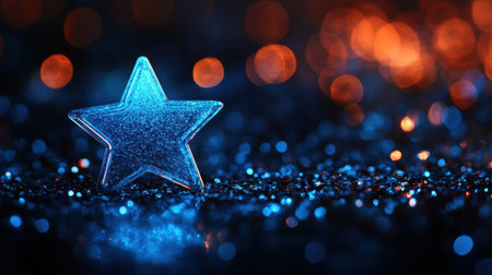 A captivating blue star glimmers on a bed of glitter, surrounded by soft orange lights. Ideal for conveying magic and celebration themes in visuals.の素材