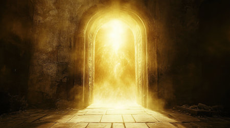 A captivating scene featuring a glowing doorway that radiates bright light, creating a surreal atmosphere of mystery and wonder. The interplay of light and shadow invites exploration and evokes feelings of hope and adventure.の素材