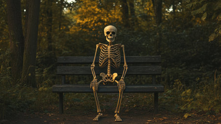 A playful skeleton sits on a bench in a serene autumn park, surrounded by golden foliage and soft sunlight, creating a unique blend of humor and nature.の素材