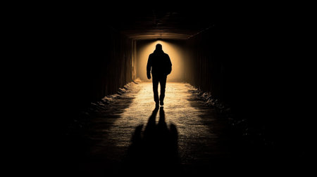 A solitary figure walks through a dark tunnel, illuminated by a glowing light at the end. The scene conveys a sense of mystery and exploration, emphasizing solitude.の素材