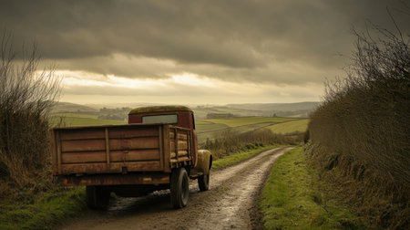 A vintage pickup truck rests on a winding dirt road, surrounded by rolling green fields and dramatic clouds. This rustic scene evokes a sense of tranquility and adventure.の素材