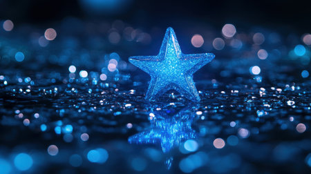 A captivating blue star shines brightly against a sparkling surface, surrounded by a dreamy bokeh effect. This image conveys beauty and tranquility.の素材