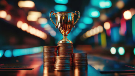 A vibrant image of a shiny trophy atop stacks of coins, symbolizing success and achievement against a colorful, soft-focus background. Perfect for financial or motivational themes.の素材