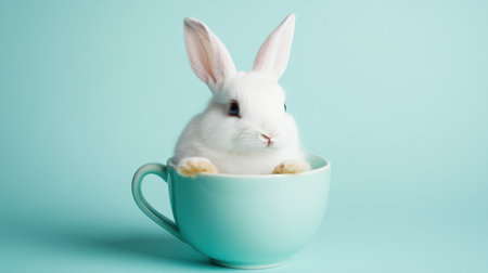 A cute white rabbit sits comfortably in a pastel teacup, exuding an adorable charm. The serene blue background enhances the whimsical feel, ideal for lifestyle projects.の素材