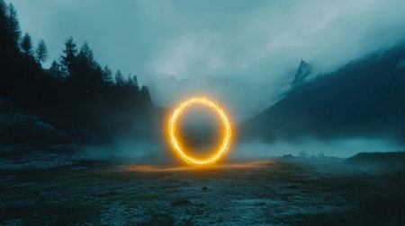 A captivating glowing circle appears in a foggy mountain landscape, creating a mystical atmosphere. The scene evokes feelings of serenity and adventure amidst the twilight.の素材