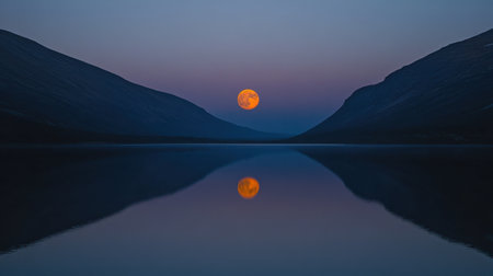 A breathtaking view of the sunset illuminating the valley, with a vibrant moon reflected in the still water. The tranquil atmosphere captures nature's beauty.の素材