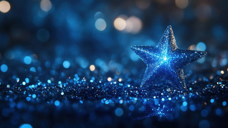 A stunning glittering blue star stands out against a shimmering backdrop. This image captures the essence of celebration with vivid colors and sparkling light effects.の素材
