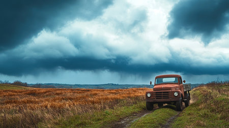 A vintage red truck parked on a dirt road, surrounded by rolling hills and dramatic stormy clouds above, evoking nostalgia and tranquility in nature.の素材