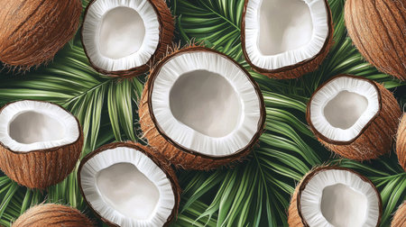 A beautiful arrangement of coconut halves placed on vibrant tropical leaves. Perfect for food-related themes, summer vibes, and healthy living concepts.の素材