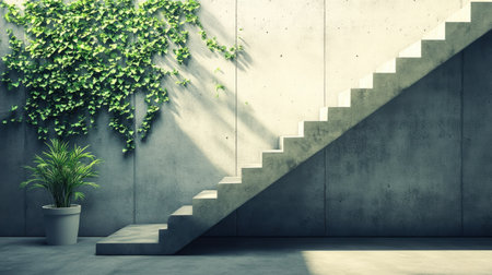 A modern concrete staircase elegantly contrasts with lush green ivy, creating a serene atmosphere. The potted plant adds a fresh touch to the chic interior design.の素材
