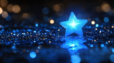 This image features a shiny blue star resting on a glittering surface, illuminated by gentle bokeh lights. The vibrant colors create a magical atmosphere perfect for festive themes.の素材