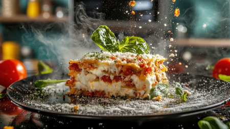 A mouthwatering slice of homemade lasagna garnished with fresh basil. Enjoy the rich layers of cheese, tomato sauce, and herbs that create a delightful dining experience.の素材