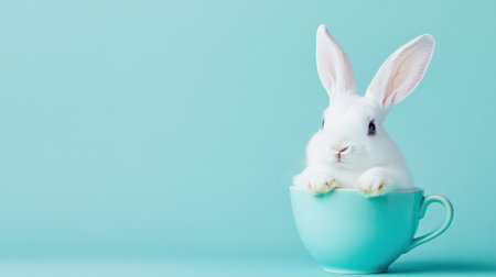 Adorable white rabbit peeks from a mint-colored teacup on a light background, capturing a playful and whimsical moment perfect for springtime themes.の素材