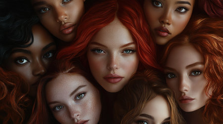 This stunning close-up captures the beauty and diversity of women with various hair colors and textures, highlighting unique features and expressions.の素材